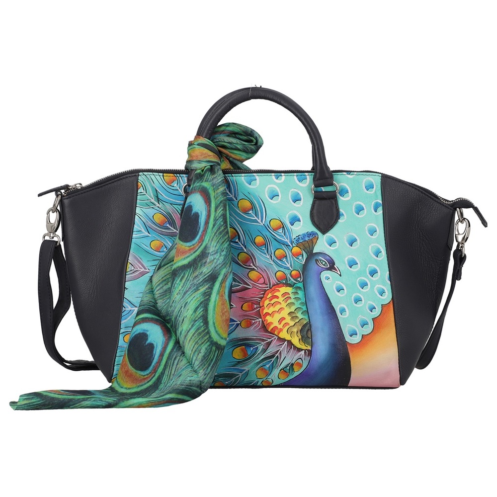 SUKRITI Black Peacock Pattern Genuine Leather Satchel Bag w/ Matching Silk Scarf
